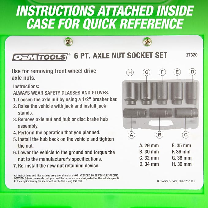 OEMTOOLS 8 Piece 6 Point 1/2 Inch Drive Axle Nut Socket Set with Case | 1/2" Drive Impact Set 29mm-39mm, Cr-Mo Steel Metric Socket Set, Precision-Machined Deep Impact Sockets, Black Oxide Finish