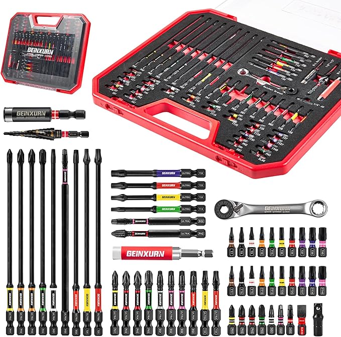 Geinxurn 58Pcs Screwdriver Set Include 53Pcs Impact Screwdriver Bits Set,Mini Wrech,Step Drill, 1/4”Socket Adapter and Impact Bit Extension with Tool Box for Home Repairs DIY