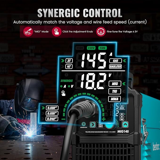 bestarc 145A MIG Welder, 110V 220V 4 in 1 Gas/Flux Core MIG/Lift TIG/Stick Welder Machine, Large LED Display Welding Machine, IGBT Inverter Welder MIG145 Soild Gasless Synergy MIG Welder