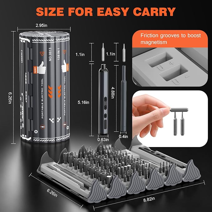138-IN-1 Electric Screwdriver Set Cordless, Rechargeable Screw Driver with LED Light, 120 Precision Bits, Magnetic Storage Professional Home Repair Tool Kit for Electronics, Camera, Watch, PC RC, Gray