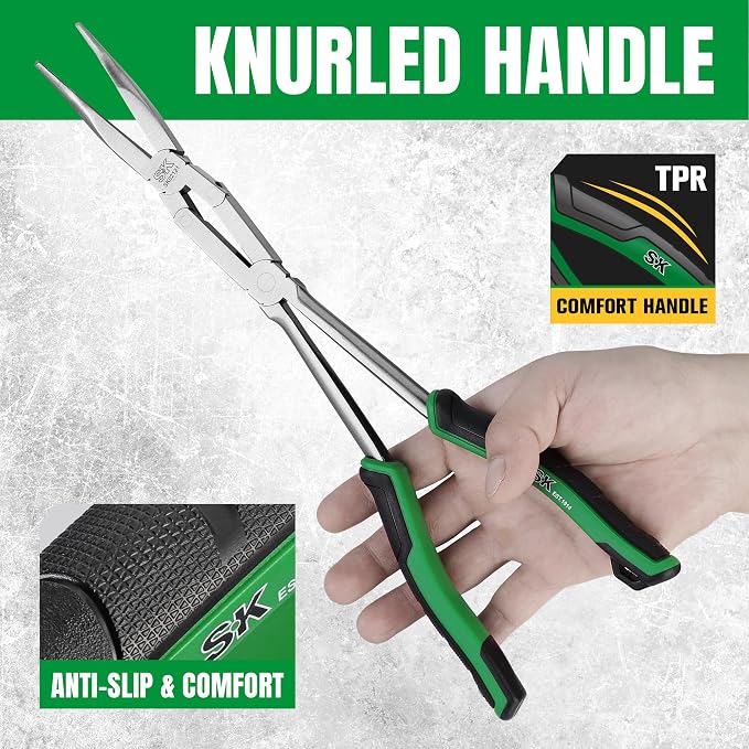 SK 13'' Long Needle Nose Pliers, Double Compound 45° Bent Nose Pliers