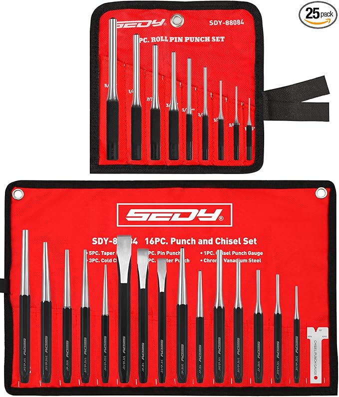 25-Piece Punch and Chisel Set with Roll Pin Punches, Includes Taper, Pin, Center Punches & Cold Chisels for Metalworking, Automotive, and Craft Use