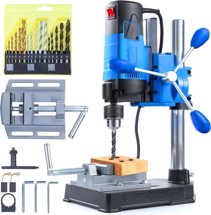bellaDimora Mini Benchtop Drill Press — 1200W 6-Speed 2800rpm, 16-Piece Multi-Material Drill Bit Kit, 360° Rotation, 3.15 in Drilling Depth, Workshop Stand