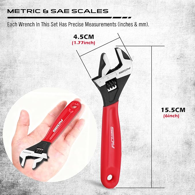 SEDY 6" Adjustable Wrench Pipe Spanner: Wide Jaw Black Oxide Wrench With Cushion Grip, Laser Marked Metric & SAE Scales, CR-V Steel, for Professionals