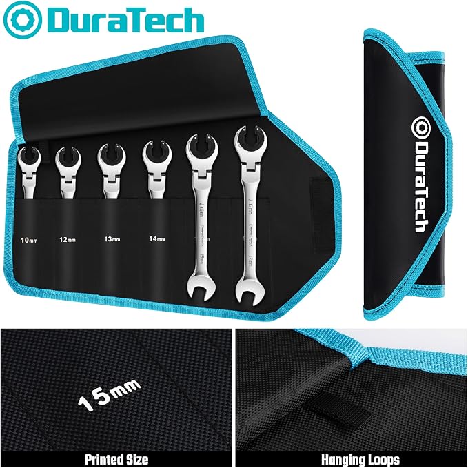 DURATECH 6-Piece Ratcheting Wrench Set with Open Flex-Head, Tubing Wrench | Metric, 10-17mm, 72-Tooth Gear, CR-V Steel, Organizer Bag, Gifts for Men