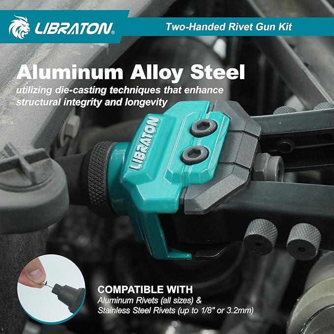 LIBRATON Pop Rivet Gun Kit, Two-Handed Rivet Gun, Heavy Duty Rivet Gun Kit, Pop Rivet Tool with 250 Aluminum Rivets in Box, 5 Tool-Free Interchangeable Nozzles, 5 HSS Drill Bits, for Automotive, Metal