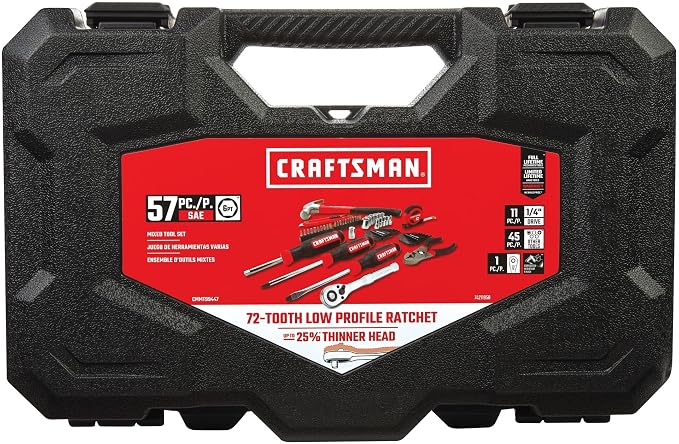 CRAFTSMAN 57 Piece Mechanics Tool Set Home Tool Set, Sockets, Ratchet, Screwdrivers, Hammer, Pliers, Hex Keys, Specialty Bits Hand Tools (CMMT99447)