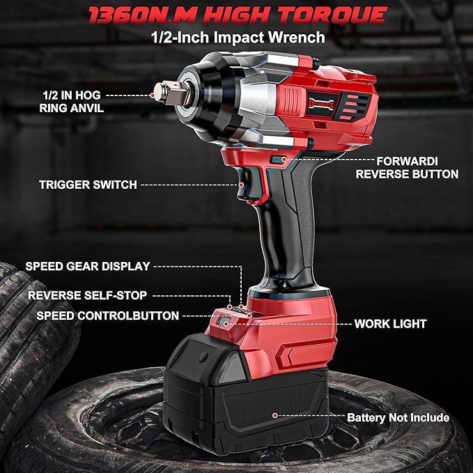 DIYtoolifz Cordless Impact Wrench 1/2" Compatible with Milwaukee 18V Battery, 1000Ft-lbs(1360N.m) High Torque Impact Driver, Electric Impact Gun with 4-Mode Speed, LED Work Light for Car(Bare Tool)