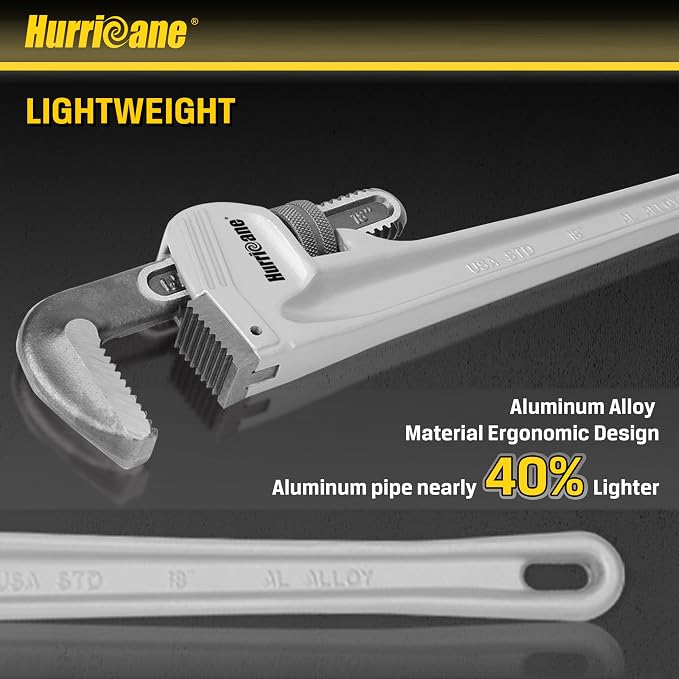 HURRICANE 18-Inch Aluminum Pipe Wrench | Heavy Duty, Adjustable Plumbing Wrench, Straight Handle, 40% Lighter Weight