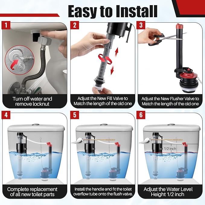2 Inch Toilet Flusher Replacement Kit, Toilet Flusher Repair Kit Include Adjustable Fill Valve with Flapper, Metal Front Flush Handle, Gasket and Bolts, Anti-Siphon Repair Parts Tank(2 Set)