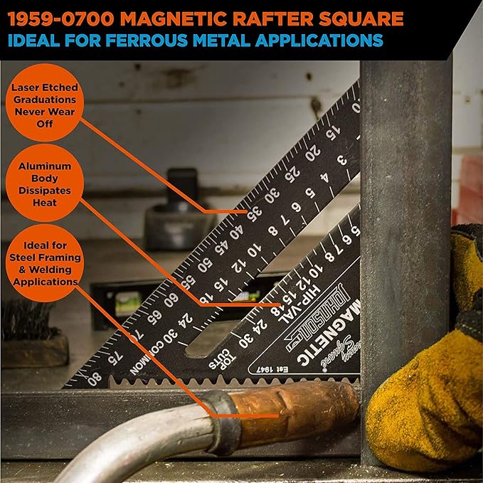Johnson Level & Tool 1959-0700 Magnetic Johnny Square Professional Easy-Read Aluminum Rafter Square, 7", Black, 1 Square