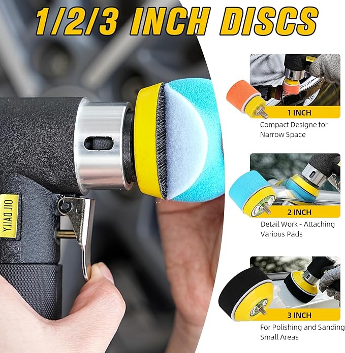 SI FANG 1'' 2'' 3'' Mini Random Orbital Air Sander Kit, High Speed Pneumatic DA Sanders Polisher for Auto Body Work, Includes 27Pcs 1/2/3in Polishing Sponge & Wool Pads, 15Pcs Sandpapers (Black)