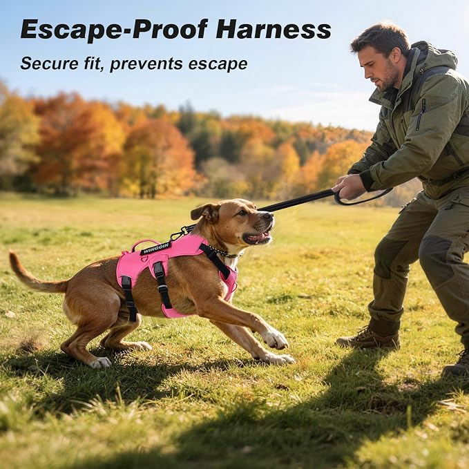 WINGOIN No Escape Dog Harness,Heavy Duty Harnesses for Large Dogs | Adjustable Pet Harness ,with Handle, Leash Front Clip Dog Vest ,for Walking Hiking, Hotpink M