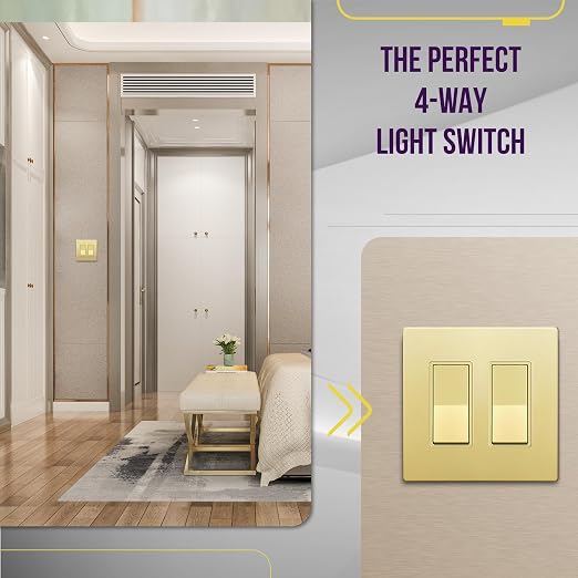 ENERLITES 4-Way Decorator Light Switch, Four Way Paddle Rocker Switch, Gloss Finish, Ground Wire Lead Attached, Residential/Commercial Grade, 15A 120V/277V, UL Listed, 94150-GD2P, Gold (2 Pack)