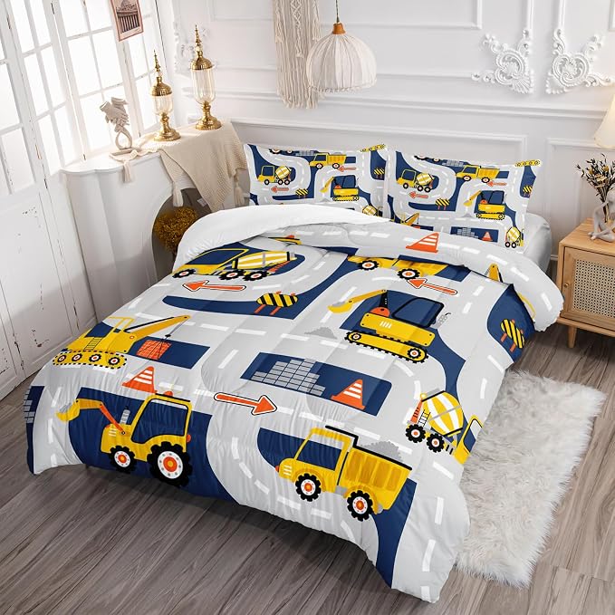 Axolotl Cartoon Excavator Bedding Set King,Tractor Truck Boys Comforter,3 Piece Yellow Vehicles Truck Comforter Set,Construction Site Theme Decor for Kids Boys Teens,1 Quilt 2 Pillowcases