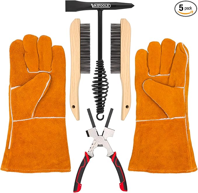 VASTOOLS Welding Accessories,5pc,Chipping Hammer 10.5", Leather Welding Gloves 13.5",6-in-1 Welpers Pliers 8",Wire Brush 10"