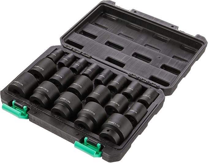 Amazon Basics 1/2“ Impact Socket Set, 6 Point Shallow, SAE Size, CR-MO Steel, 10.2" x 8.5" x 2.4", 19-Piece, Previously Denali Brand