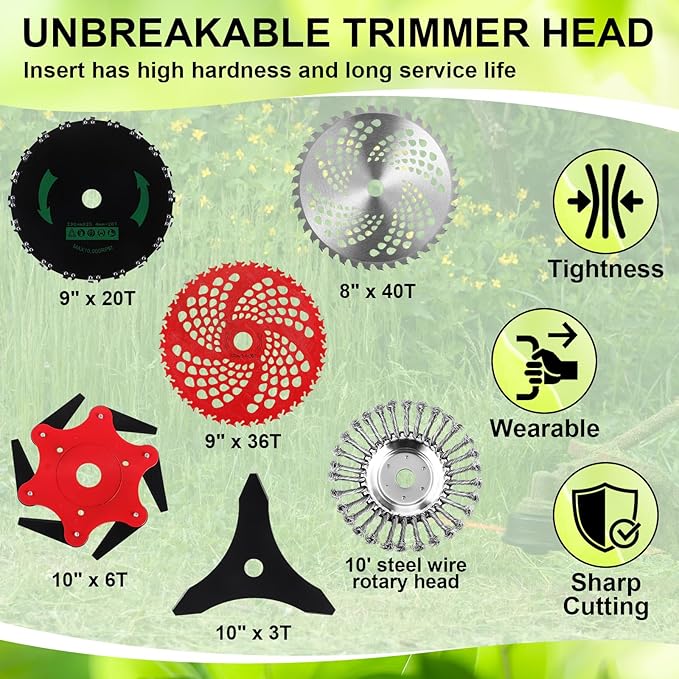 Duraaamo 7 Pcs Brush Cutter Kit Include 9" x 36T Carbide Tipped Blades, 9" x 20T, 8" x 40T, 10" x 3T, 10" x 6TBlades with Adapter Kit, 10 Inch Steel Wire Rotary Head and Trimmer Head Replacement