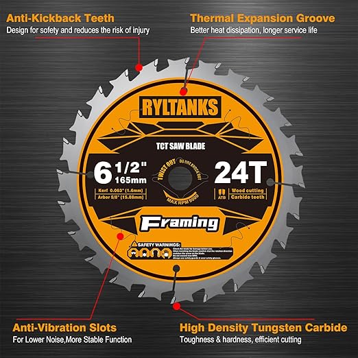 6-1/2 Inch Circular Saw Blade, 24T for Framing with 5/8" Arbor, Fast Wood Cutting, 10-Pack