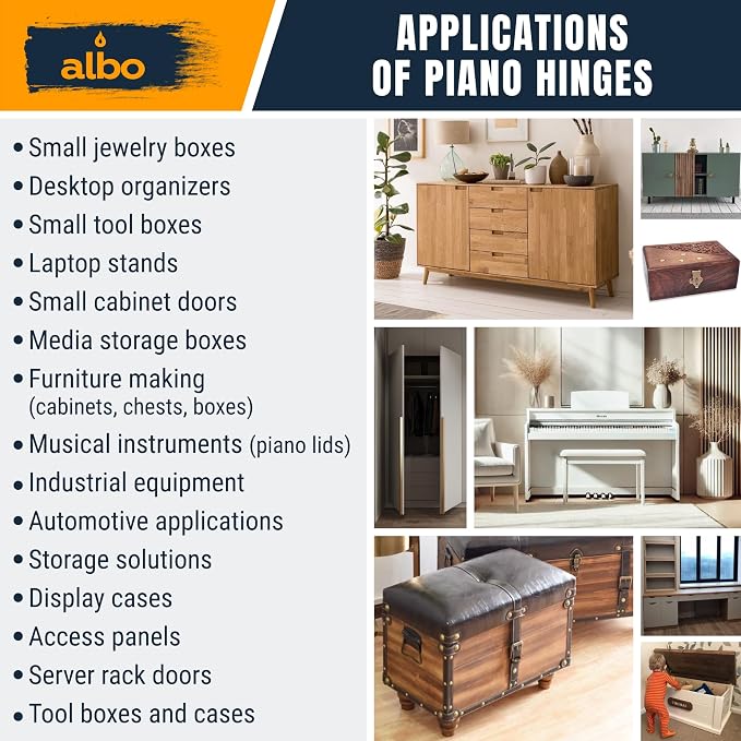 ALBO 12 Inch Silver Heavy Duty Piano Hinge Continuous Stainless Steel 304 (2-Pack), Surface Mount Cabinet Hinges Silver 12"x2" for Tool Box, Small Chest, Jewelry Box & Display Case, Rustproof Hardware