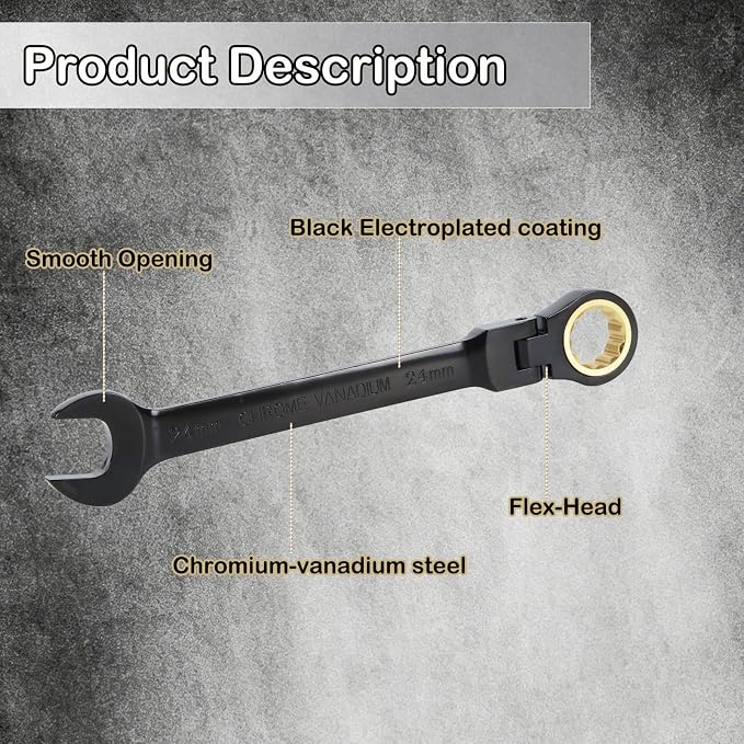 Flex-Head Ratcheting Combination Wrench Set, 16-Piece Metric Wrench Set 6-24mm | 72-Teeth | Cr-V Constructed | Fully Polished (Black) | with Organization Bag