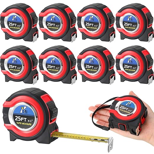 Youyole 10 Pack Tape Measure with Fractions 1/8 Steel Measuring Tape Retractable Easy Read Measurement Ruler Steel Power Blade (25 ft X 1 in,Red)
