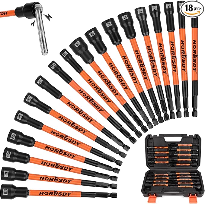 HORUSDY 18Pcs Nut Driver Set SAE and Metric, Impact Magnetic Nut Driver for impact drill, 6 Inch Extra Long Nut Drivers, Cr-V Steel 1/4" Hex Shank Quick Change, with Storage Case