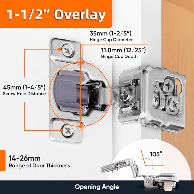 Decobasics 4 Pack Soft Close Cabinet Hinges 1-1/2" Overlay for Kitchen Cabinet Doors, Slow Self-Closing Concealed Hidden Hinges for Face Frame –Stainless Steel, 3-Way Adjustable & Quiet Close Damper