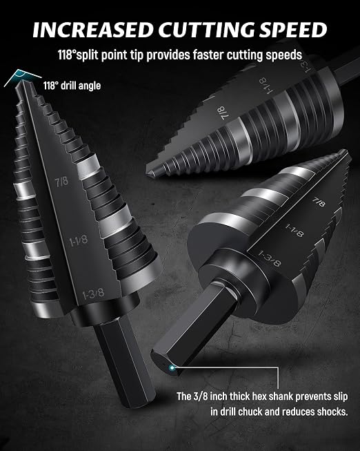 LICHAMP Double Fluted Step Drill Bit for Cutting Metal Hole 19 Sizes from 3/16 to 1-3/8 inch, Genuine High Speed Steel