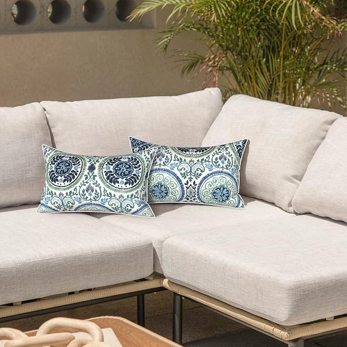 LVTXIII 2 Pack Outdoor Lumbar Pillows 12x20 Inch with White Piping, Fade Resistant Support Throw Pillows with Inserts for Patio Furniture, Sofa, Chair, Coastal Medallion