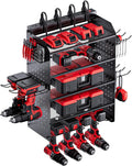 TRZZ Power Tool Organizer Wall Mount, 5-Layer Charging Station with 8 Outlets, 6 Drill Holders, 2 Side Pegboards, and Drill Bit Rack for Garage, Workbench, and Workshop (Black)