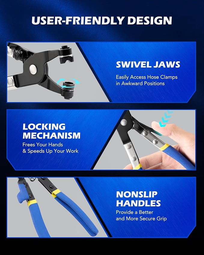 OMT 9pcs Hose Clamp Pliers for Fuel Oil & Water Hoses | Automotive Long Reach Hose Clamp Remover Kit with Flexible Wire Clic R Type Swivel Jaw Flat Band Pliers Case, Blue