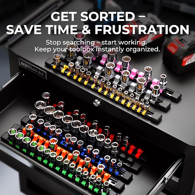 Reniteco 3-Pack Socket Organizer Set, 1/4" x 16 3/8" x 15 1/2" x 12 Clips | 43 Clip Capacity, Havy-Duty ABS Socket Rails, Removable Clips, Drive Socket Storage, Toolbox Drawer or Wall Mount