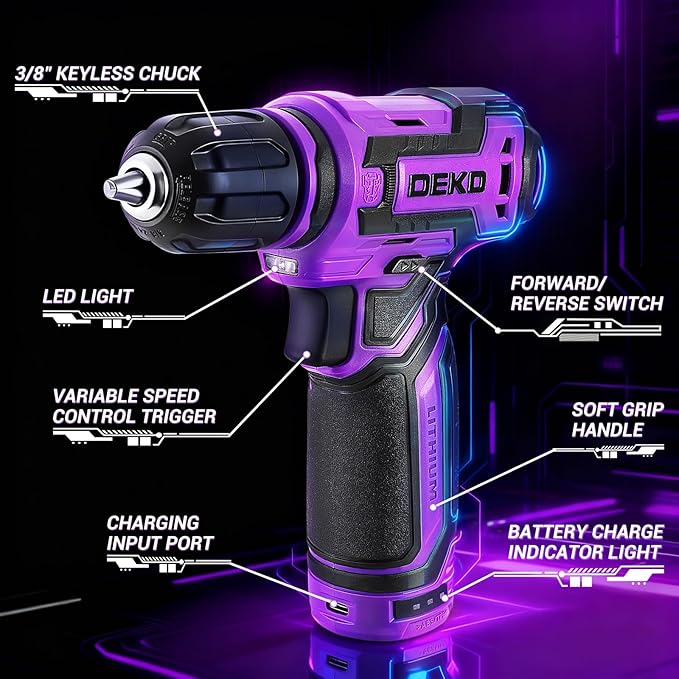 Cordless Drill：DEKOPRO 12V Power Drill Set 800RPM Electric Drills Small Drills with 3/8-inch Keyless Chuck and Portable Tool Set Gift Box (Purple)