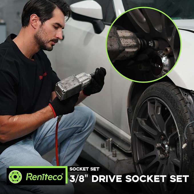 Reniteco 95-Piece 3/8" Drive Socket Set, SAE 5/16"-3/4" & Metric 8-22mm | Ratchet Handle, Extension Bar, Adapters, Universal Joint, Drill Adapter, Screwdriver Bits, Spark Plug Sockets