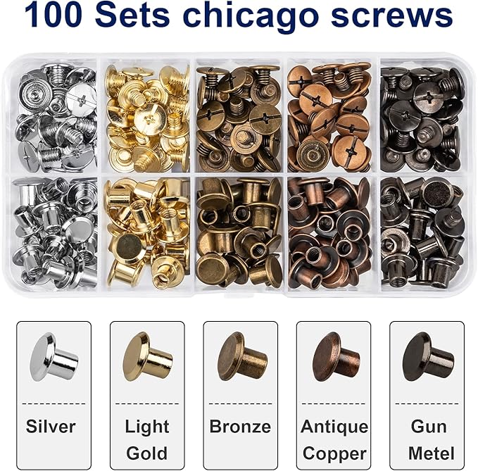 100 Sets Chicago Screws for Leather Crafting 7/20 Inch, 5 Colors of Rivets for Leather, Chicago Screws for DIY Leathercraft (Silver, Light Gold, Bronze, Antique Copper, GunMetel)