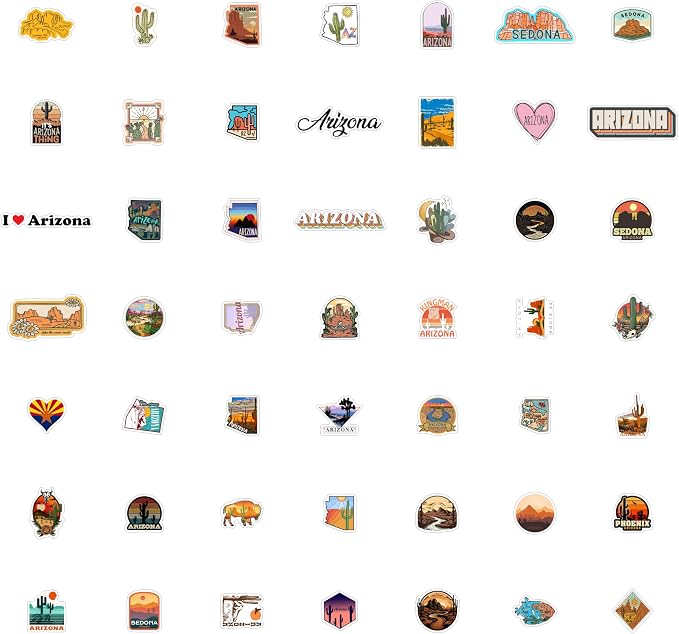 BulbaCraft 100Pcs Arizona Stickers for Water Bottle and Laptop - Arizona Party Supplies & Decorations, Waterproof Vinyl Decals, State Pride and Icon Stickers, Gifts for Women & Men