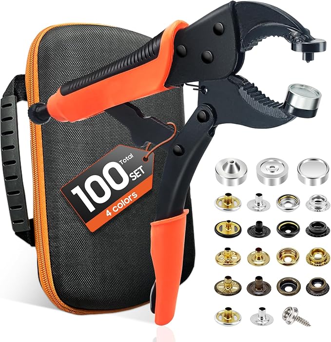 Heavy Duty Snap Fastener Tool kit, Punching Function, Snap Button Tool with Adjustable Setter, 15mm snap Tool with 100 Sets Boat Cover Snaps