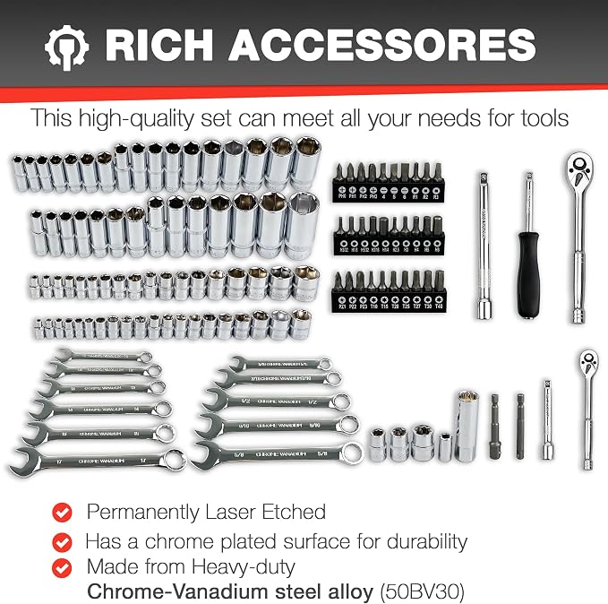 EACELIY 122Pcs 1/4" & 3/8” Drive Impact Socket Set, Ratchet Socket Wrench Set with Extention Bar, Adapter, Screw Bits,Drive Bit Holder, Spark Plug Socket,CR-V