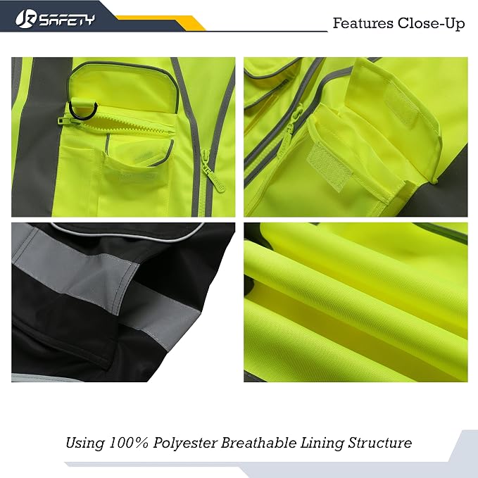 JKSafety 9 Pockets High Visible Reflective Safety Vest Zipper Front Breathable Lining, Yellow-Black Meets ANSI/ISEA Standards(150-Yellow-Black L