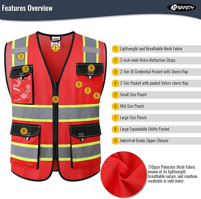 JKSafety Hi Vis Reflective Safety Vests for Men Women High Visibility Vest with Pockets Mesh Fabric Construction Safety Apparel Neon Vest for Work (220-Red XL)