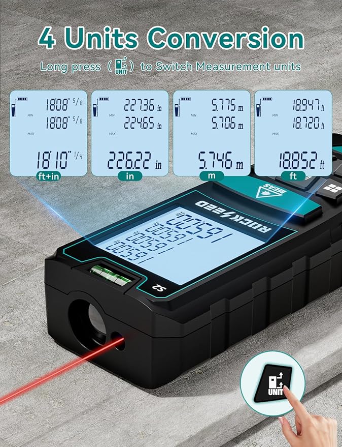 Laser Measure,RockSeed Digital Laser Distance Meter with 2 Bubble Levels,Portable M/in/Ft Unit Switching Backlit LCD and Measuring Distance/Area/Volume/Pythagorean