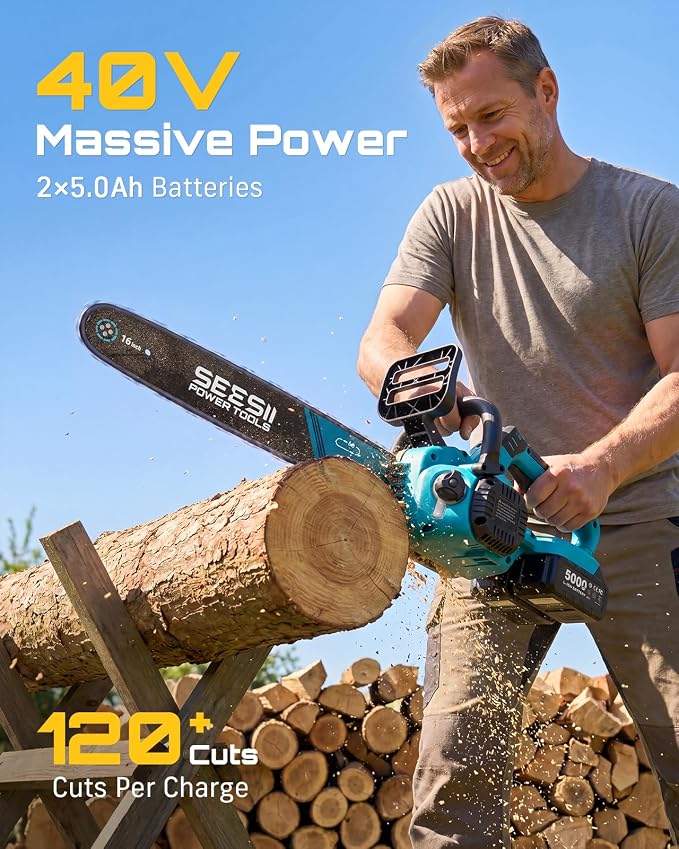 SEESII 40V 16 Inch & 12 Inch Cordless Electric Chainsaw 2×5.0Ah Batteries | 1600W Brushless Chain saw with Tool-Free Chain Tension, Auto Oiling for Tree Trimming, Firewood, Storm Cleanup,42ft/s