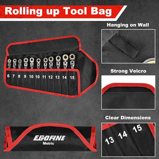 Egofine Flex Head Ratcheting Wrench Set 11 Piece, Metric Wrench Set, CR-V Steel 6-15mm Wrench, 72-Teeth Combination wrench set, Nickel Plating Ratchet Wrenches Set with Tool Roll Bag