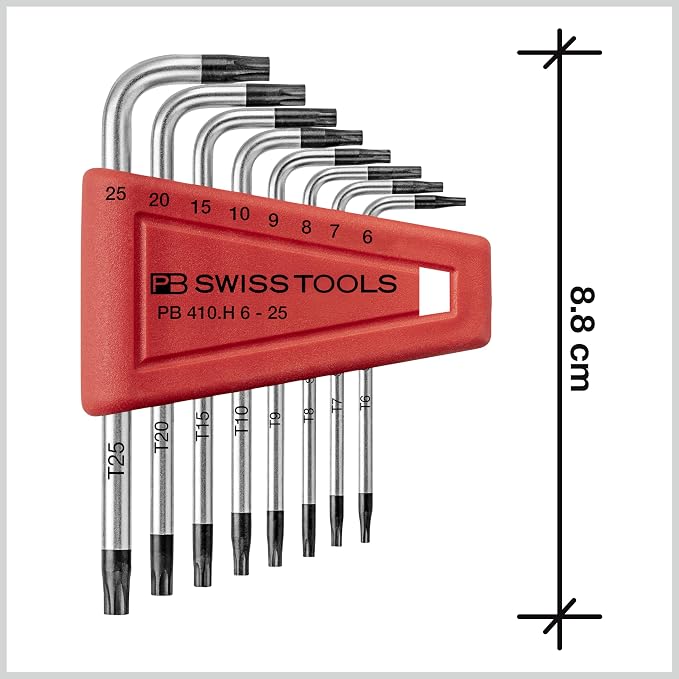 PB Swiss Tools Torx L-Wrench Set PB 410.H 6-25 CN | 100% Swiss Made | 8-Piece Allen Key Set Size T6-T25 in Practical Plastic Holder