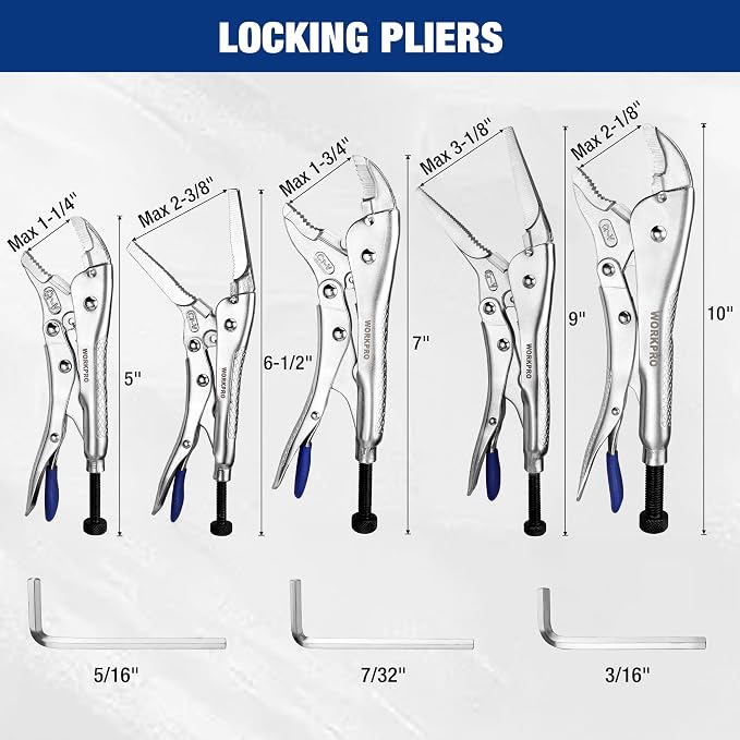WORKPRO 5PCS Locking Pliers with Hex Key, Long Nose Curved Jaws Vice Grips
