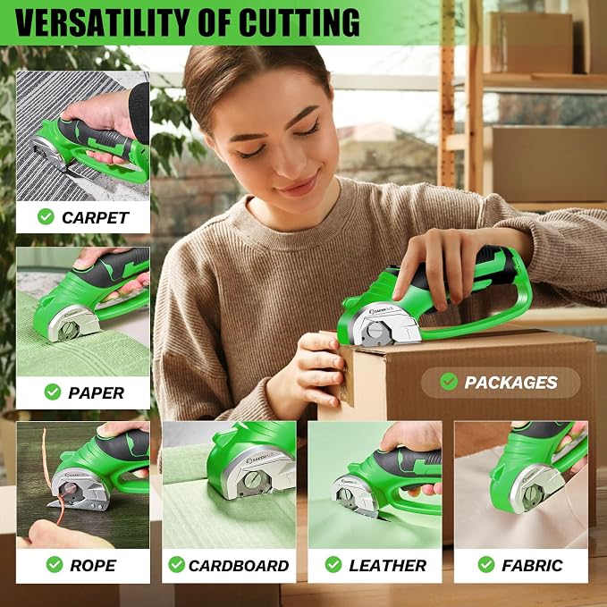 SakerPlus Cordless Electric Scissors,4V Rechargeable Cardboard Box Cutter Heavy Duty Fabric Scissor with Safety Lock & LED Light,Power Rotary Cutter for Leather Carpet Plastic Cutting,Sewing,Crafting