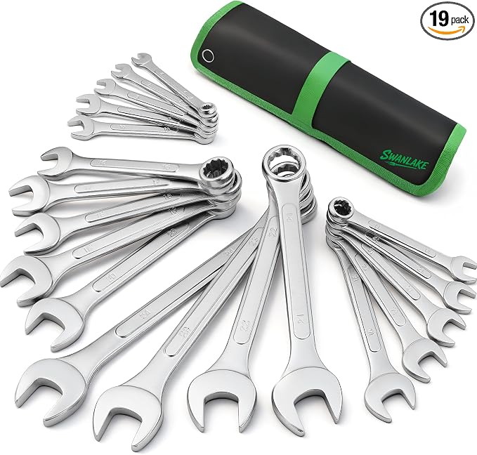 19-Piece Metric Combination Wrench Set, 6-24mm Standard Spanner Wrench Set, Mechanic Tool Sets with Rolling Pouch, Open End Wrenches for Household, Garage, Workshop, Auto Repairs