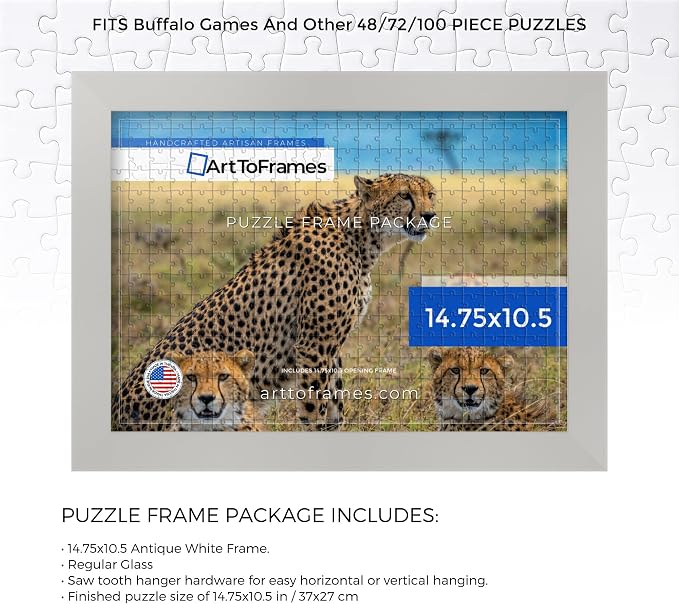 ArtToFrames Puzzle Frame for Buffalo Games 48, 72, 100 Piece Jigsaw Puzzles, 14.75x10.5 Inch (37x27 cm), Antique White Engineered Wood with Regular Glass, Ready to Hang Puzzle Display