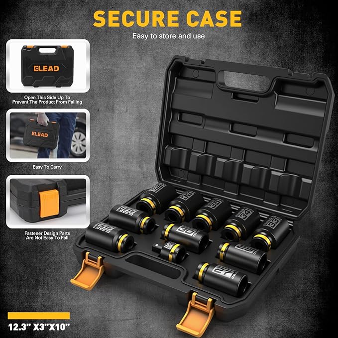 1/2'' Drive Deep Impact Socket Set: 11-Piece Metric Wheel Axle Nut Wrench Large Jumbo 27mm 29mm 30mm 31mm 32mm 33mm 34mm 35mm 36mm 38mm Car Spindle Joint High Torque Truck Bearing Locknut